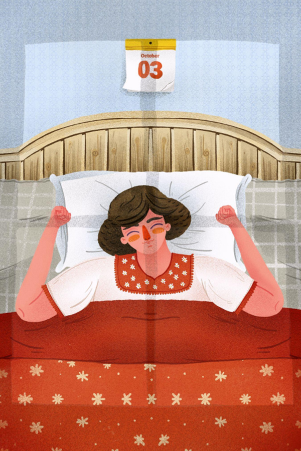 Fäerdeg faarweg Illustratioun vum Birgitte an hirem Bett